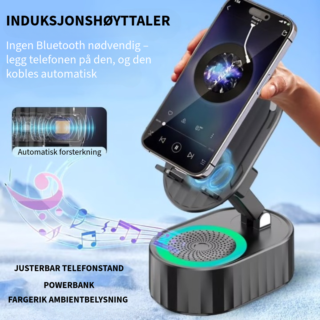 Telefonstativ med innebygd høyttaler og powerbank