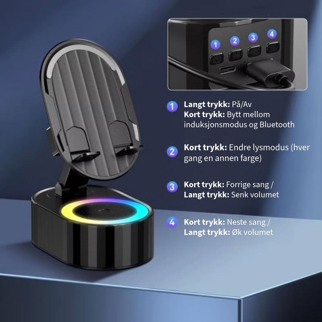Telefonstativ med innebygd høyttaler og powerbank