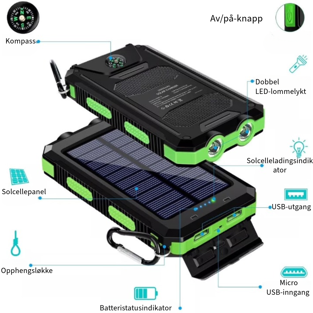 Vannbestandig Powerbank med Solenergi